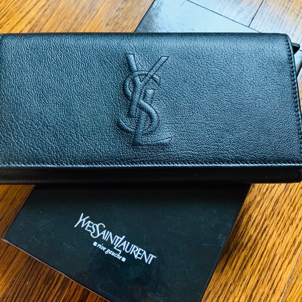 ysl black leather long wallet